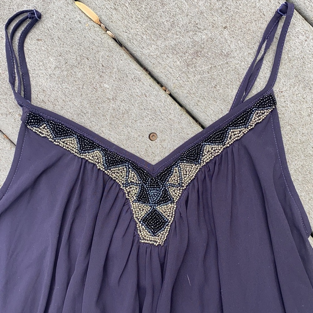 Beautiful blue mini cocktail dress with spaghetti straps and beaded neckline. - Picture 2 of 2
